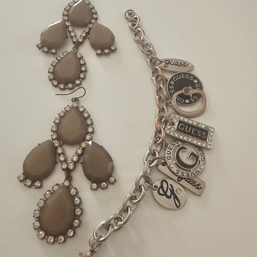 Guess Charm Bracelet and Gray Earrings